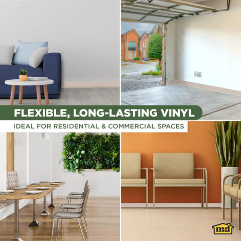 4 Inch By 120 Foot Dry Back Vinyl Wall Base With Toe Kick shown in living room, garage, office, and waiting area settings.