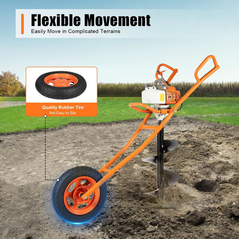 Gas Powered Post Hole Digger With Wheelbarrow Design in use on terrain, showcasing quality rubber tire for stability and easy movement.