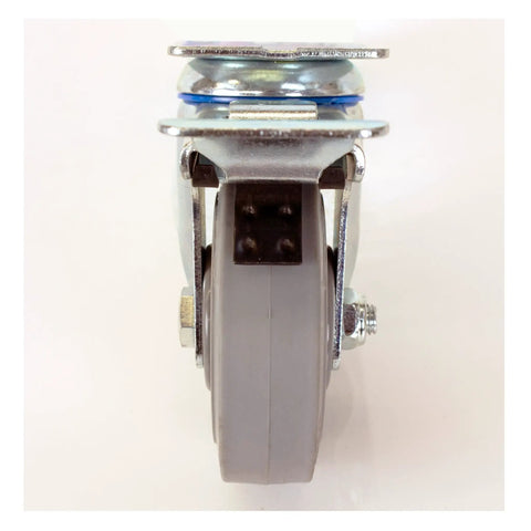 4 Inch Swivel Caster With Total Lock Brake And Non Marking Soft Gray Rubber TPR Wheel viewed from the front, showcasing the steel plate mount.