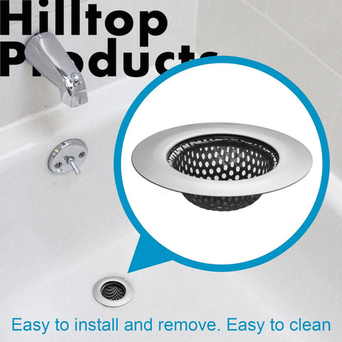 2 Pack Stainless Steel Bathtub Drain Strainer Cover Features 2.75 Inch Wide Top And 1.5 Inch Deep Basket in a bathtub setting.