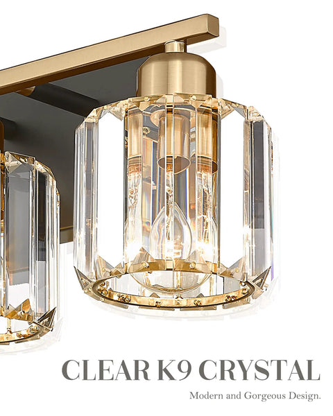 Crystal Vanity Lights 3 Light Bath Fixture With Polished Gold Finish featuring clear K9 crystal shades for over the mirror