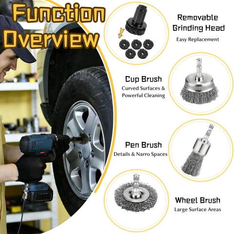 Garage Ready Wheel Hub Cleaning Kit With Carbon Steel Wire Brushes And Five Heavy Duty Abrasive Pads For Knocking Out Gnarly Rust And Freshening Brake Rotors Fast showing various brush attachments for cleaning wheels.