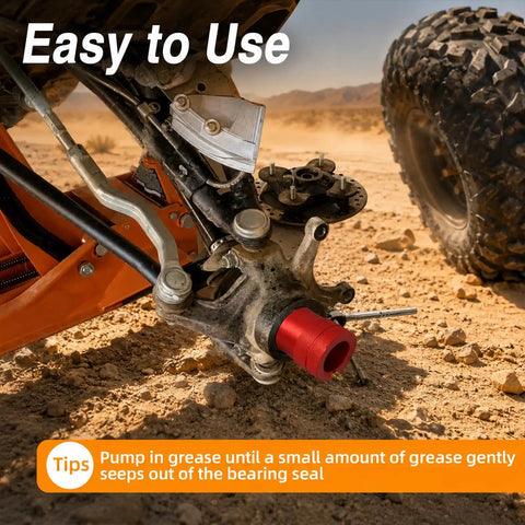Pro Shop Grade 44 mm Wheel Bearing Greaser Tool For Atv Utv With Dust Cap, 6061 Aluminum grease injector in use on ATV.