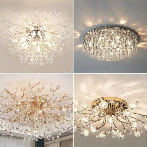 Four crystal chandeliers showcasing diverse designs in home interiors, illustrating potential replacements for G9 LED Bulb Dimmable 4W 4000K Neutral White.
