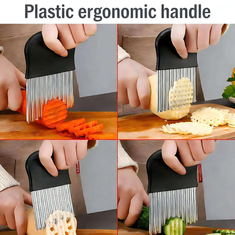 French fry slicer with large crinkle-cut stainless steel blade and plastic ergonomic handle