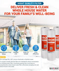 Whole House Iron And Manganese Replacement Filter Set next to happy family and house, pack of 3 cartridges shown
