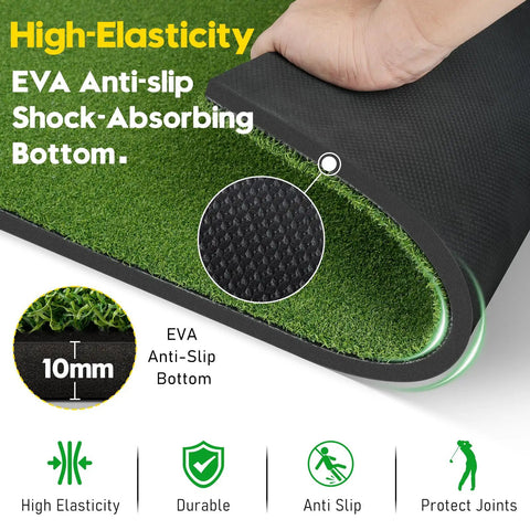 Durable 5x4ft Dual Turf Golf Hitting Mat with EVA anti-slip shock-absorbing bottom shown by hand lifting edge