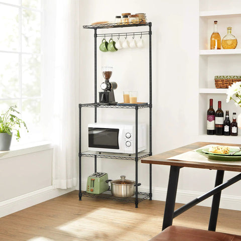 Sleek Adjustable Baker Rack Featuring Four Roomy Tiered Shelves And Six Sturdy Hanging Hooks Delivering A Straight Up Kitchen Game Changer For Counter Storage with microwave and kitchenware.