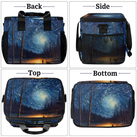 Dope Insulated Picnic Backpack With Lunch Box For Women And Men, spacious design with starry night pattern, shown in four angles.