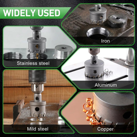 18 Pc Metal Hole Saw Kit with TCT Carbide Teeth, cutting stainless steel, iron, and aluminum, showing versatility