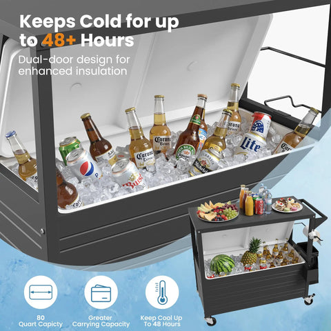 80 Quart Rolling Ice Chest With Built In Top Prep Table And Four Wheels Party Patio Cooler Cart with bottles inside