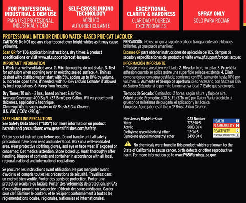 Enduro Pre-Cat Lacquer Gloss usage instructions and safety guidelines on label