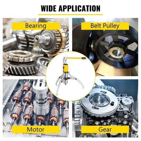 Heavy Hitter Hydraulic Gear Puller Wheel Bearing Hub Removal Kit With Adjustable Two Or Three Jaws, shown in various applications.