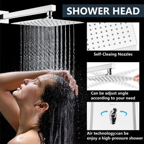 Shower Faucet Set With Rain Shower System And Handheld Spray Bathroom Shower Combo Rough In Valve And Trim Kit Polished Chrome Finish 12 Inch Wall Mount Shower Head features like self-cleaning nozzles and adjustable angle shown.