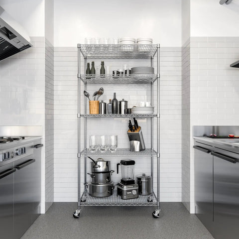 Commercial Grade Steel Wire Shelving Unit Five Tier Adjustable Storage Rack 36 X 24 X 76 Inches Zinc Plated in kitchen with utensils and dishes.