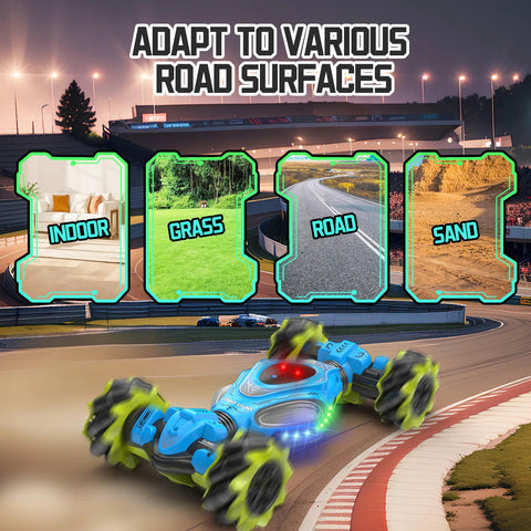 Gesture sensing RC stunt car on diverse terrains with 360° spins, featuring indoor, grass, road, and sand adaptability.