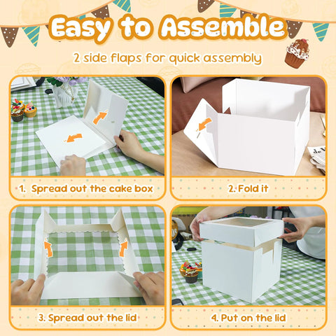 3 Pack Tall Cake Boxes With Clear Window 10x10x8 Inch Bakery Containers Including Thick Cardboard Boards Plus Decorative Stickers assembly steps