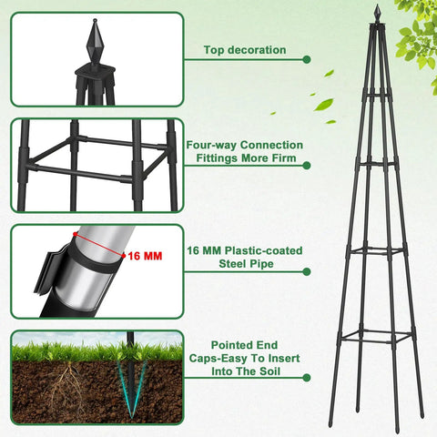 Beefy 6 Foot Garden Trellis For Climbing Plants With Thickened 16mm Metal Pipes, showing construction details and soil insertion