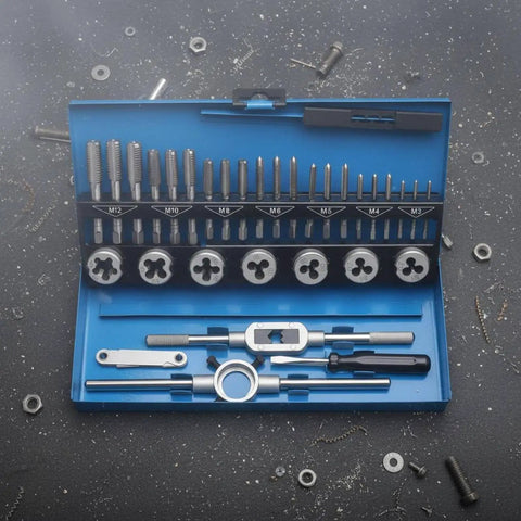 Check Out This Awesome Metric Thread Cutting Taps And Dies Set With Handy Wrenches For Clean Threads. heavy-duty metal tap and die kit in blue case, sizes M3-M12