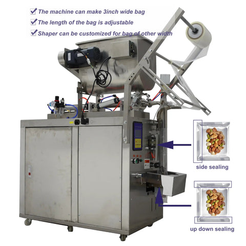 Automatic Liquid Paste Filler And Sealer Machine With Mix Hopper For Sauces And Chunky Salsa Stainless Steel three side packaging system with adjustable bag sizes.