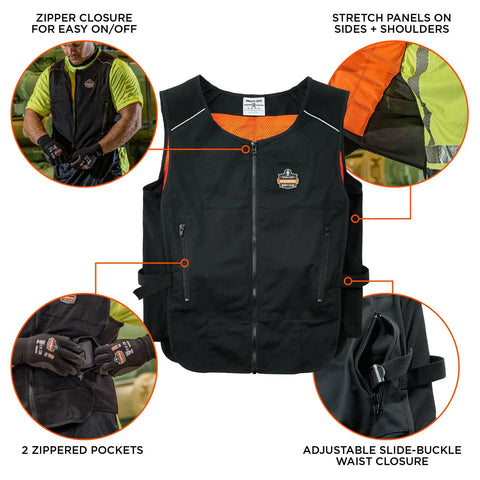 Cooling Vest With Four Ice Packs, Ultra Lightweight, Fast Recharge Cooling, Black, Small Medium, Keeps You Cool At 64 F For Up To Two Hours, Grid Ice Pack Design For Flex Comfort And Easy Refill showing front and pockets