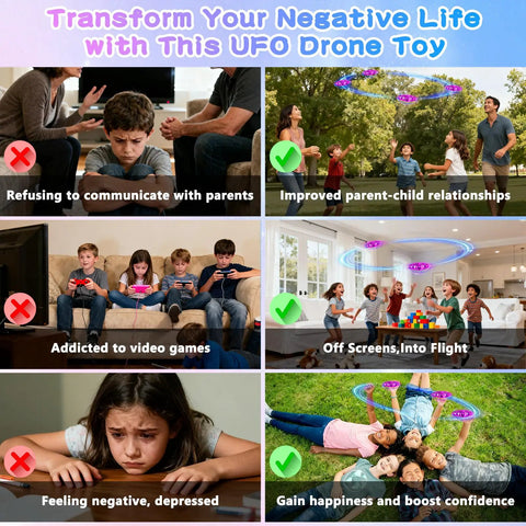Collage of kids playing with Kids UFO Drone With Hand Gesture Control And LED Lights Indoor Outdoor Hover Boomerang Mini Flying Orb Gift