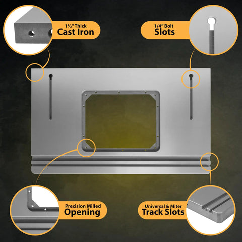 Diagram of Beefy Heavy Duty Cast Iron Table Saw Router Extension Wing 27 by 16 inches with precision milled opening and slots