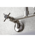 Close-up of No-Drip Two-Handle Wall Mount Kitchen Faucet in Brushed Nickel, Solid Brass, adjustable centers, 1/2" NPT inlet.