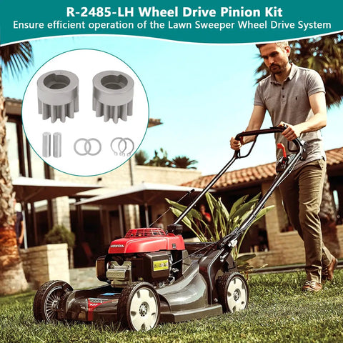 Left And Right Side Wheel Drive Pinion Replacement Gear Kit For 42 Inch Lawn Sweepers displayed alongside a lawn sweeper in action.
