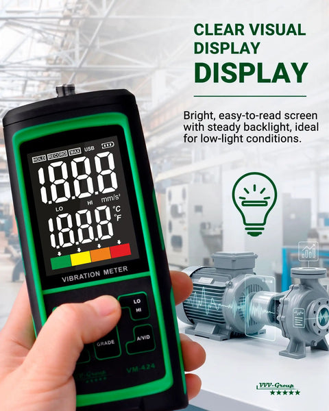 Vibration Meter With Remote Probe VM-424 For Industrial Motors And Gearboxes Measures Acceleration Up To 199.9 m/s2 Velocity Up To 199.9 mm/s Displacement Up To 1.999 mm 10 Hz To 3 kHz Magnetic Sensor For Tight Space Diagnostics, handheld display
