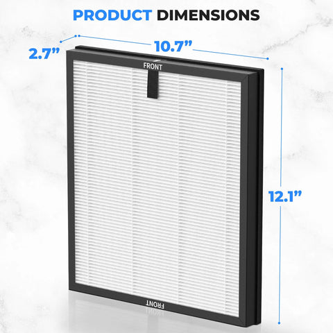 Top Notch Multi Layer Air Purifier Replacement Filter Compatible With Slarp1076WT And Slarp1076BK Models showing dimensions 2.7 x 10.7 x 12.1 inches.