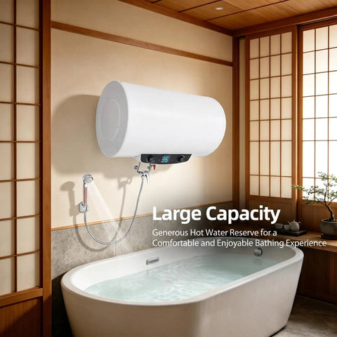 Heavy Duty Horizontal Electric Water Heater Featuring A Nifty Digital Display And Generous 70 Liter Reserve Plus 110V Plug Right In Hook Up mounted above a bathtub.