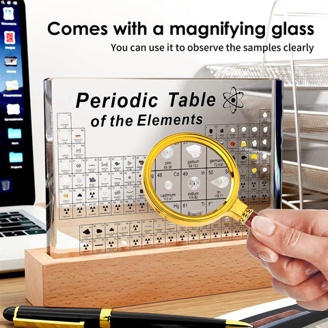 Close-up of 83 Real Element Samples Periodic Table Kit With Wooden Stand and Magnifying Glass for Chemistry Classroom Decor