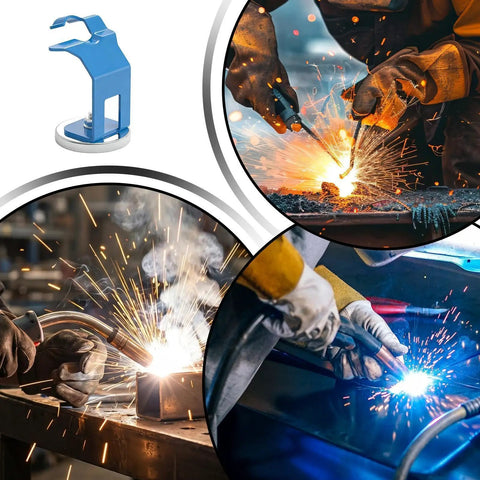 Get Your Hands On This Heavy-Duty Magnetic Welding Torch Holder With Rock-Solid Precision Support And A Super Strong Grip To Keep Your Mig Welder Steady While You Hammer Out Projects In The Shop Without Breaking A Sweat, with a blue steel design resting on a metal bench.