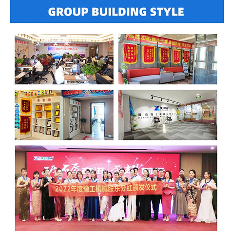 Group building style showcasing office spaces, awards, and a celebration event with staff in formal attire.