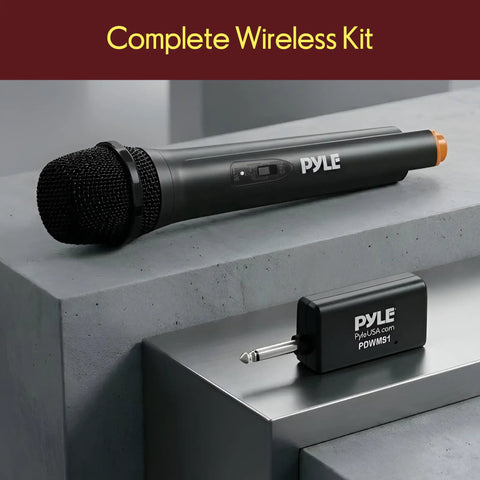 VHF Cordless Wireless Microphone System For Karaoke Nights DJ Parties And PA Use with battery-powered mic and receiver in black.