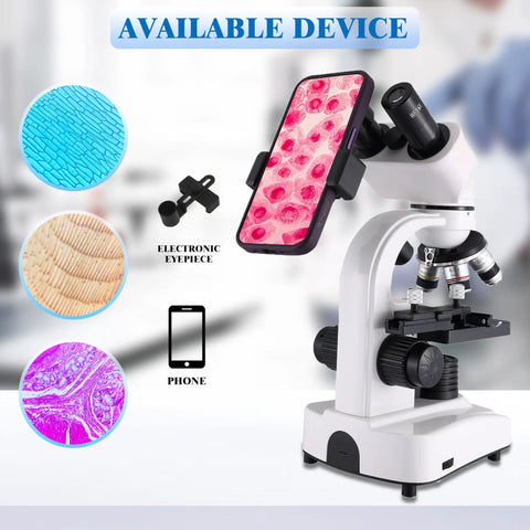 Dual LED Binocular Microscope For Students And Grownups, 64X-6000X Magnification, 3 Objective Lenses, Sturdy Metal Body, Dope Dual Illumination, Perfect For School Lab And Home Science Projects, with phone holder