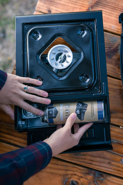 Portable Outdoor Butane Stove For Camping And Catering On The Go With Electronic Ignition Ultra Quiet One Burner Cooker In Black with canister