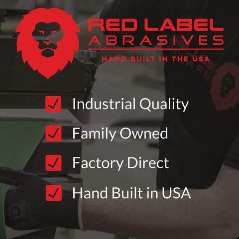 Red Label Abrasives logo with industrial quality benefits listed, factory direct, hand built in USA, near ceramic sanding belt image.