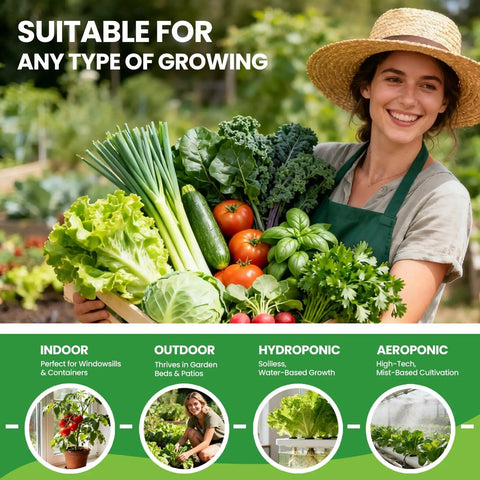 Smiling woman holding basket of vegetables, suitable for indoor, outdoor, and hydroponic growing with Over 18,000 Heirloom Seeds in a 30 Varieties Veggie Garden Pack for Indoor, Outdoor, and Hydroponic Growing, Easy Starter Kit, Dope Gift for Mom, Women, Friends and Any Plant Lover info.