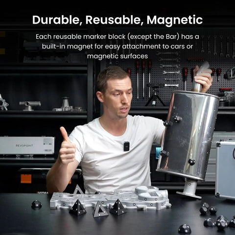 28 Piece Magnetic 3D Scanning Markers Block Kit shows magnetic markers attached to a metal cylinder for easy scanning.