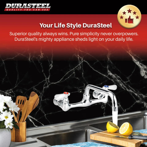Commercial Wall Mount Kitchen Sink Faucet With 8 Inch Center, 6 Inch Swivel Spout, chrome finish, installed over sink