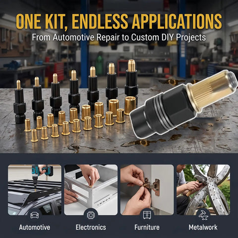 Heavy Duty Rivet Nut Tool Kit for M3 to M10 Nuts with 16 Inch Long Handle for Maximum Leverage, Carbon Steel Rivet Nut Plier, Manual and Drill Compatible, Pro Grade Performance, No-Sweat Setup and Fast, Secure Nut Installations, mandrels and inserts on workbench