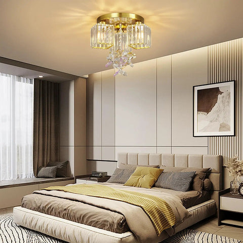 Three Light Semi Flush Mount Ceiling Fixture In Black And Gold With Crystal Accents illuminating modern bedroom decor