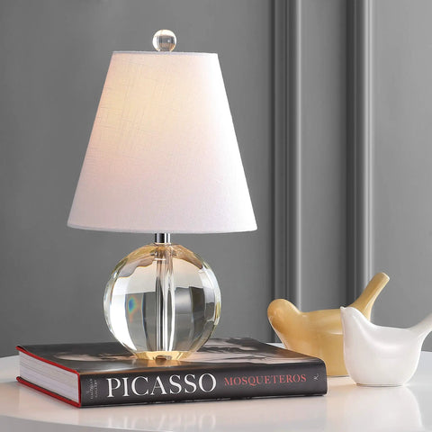 Clear Crystal Ball LED Table Lamp 16 Inches, Glam Orb Nightstand Light With White Linen Empire Shade on a bedside table