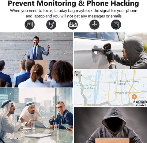 Collage showing Two Pack Military Grade Faraday Bags use in meetings, travel, and against hacking; Anti Tracking Privacy Shield.