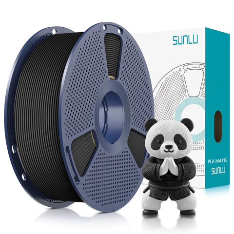 Front view of SUNLU PLA Matte 1.75mm filament spool, 1kg (2.2lb), matte black with packaging box and panda figurine.