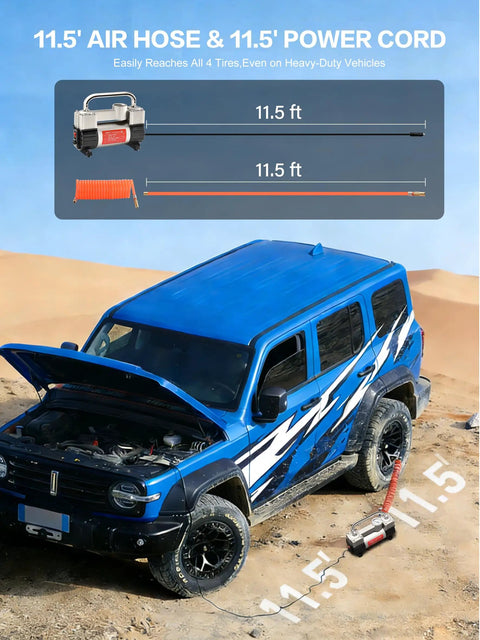 Blue SUV using 6X Faster Inflation Double Cylinder Tire Inflator With Portable Bag Heavy Duty 12V Air Compressor