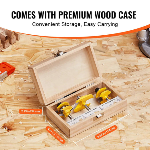 Pro Grade Carbide Router Bit Set with 1/4 Inch Shank in a sturdy wood carrying case, showing 3-piece kit on wooden surface