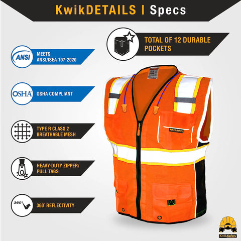 Classic Safety Vest 2 Pack Class 2 ANSI OSHA HiVis Reflective Mesh Breathable Rugged Heavy Duty With 10 Pockets Front Zipper Orange Small Work Gear On The Job Site, showing features and ANSI compliance.